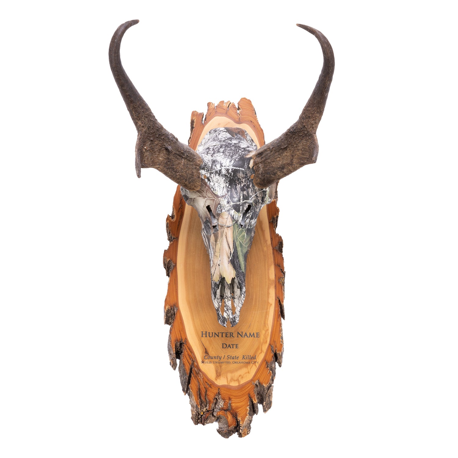 A skull that has been hydrodipped to have a camo pattern.