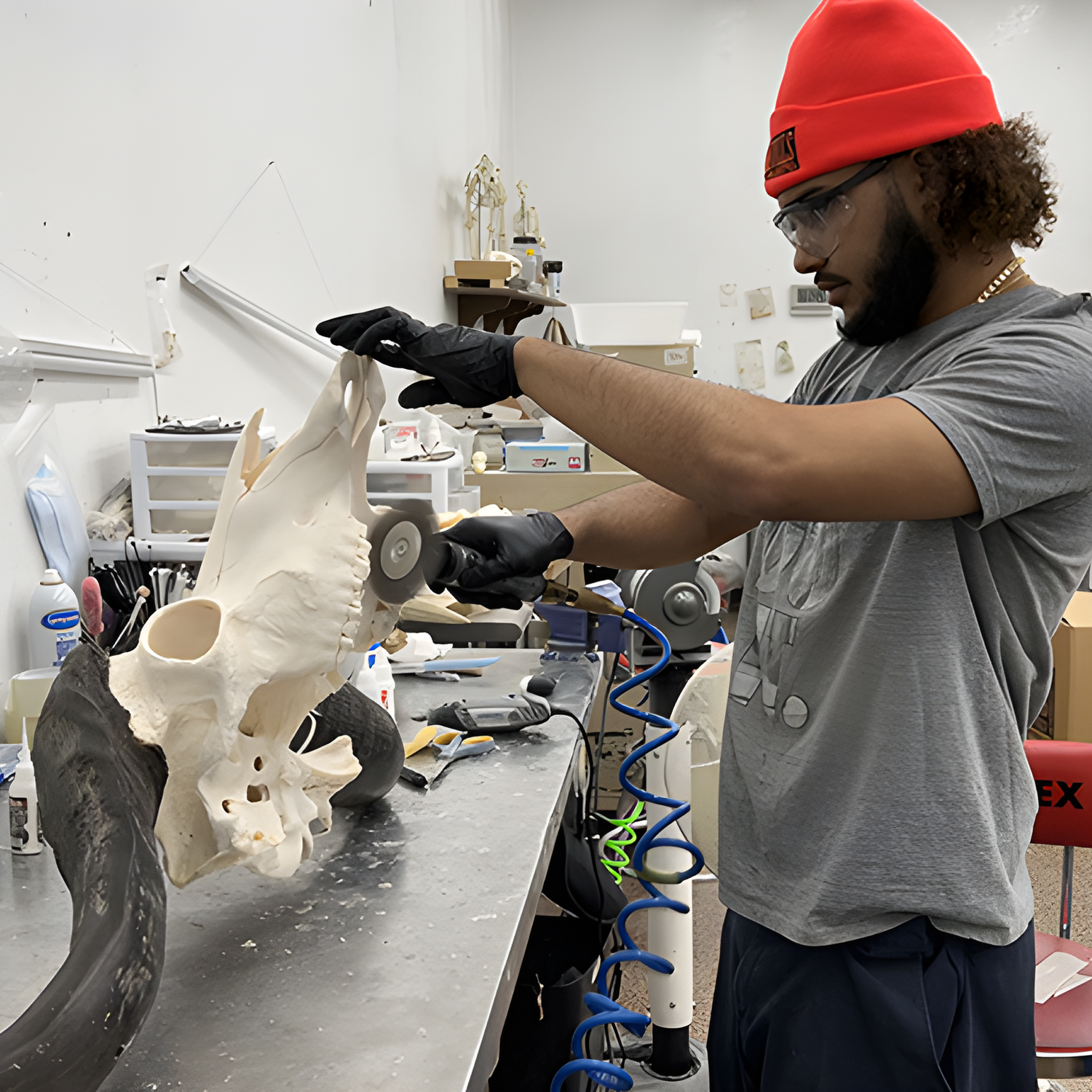 ALT: Person working on a cape buffalo skull in a workshop setting