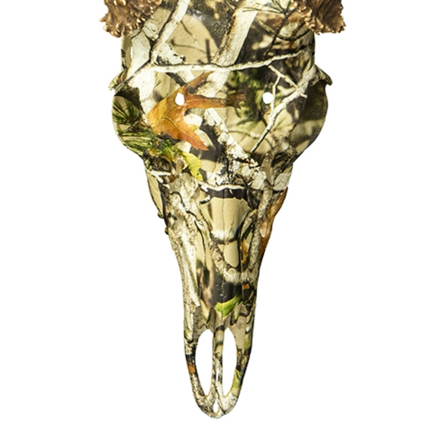 ALT: A skull that has been hydrodipped to have a camo pattern.