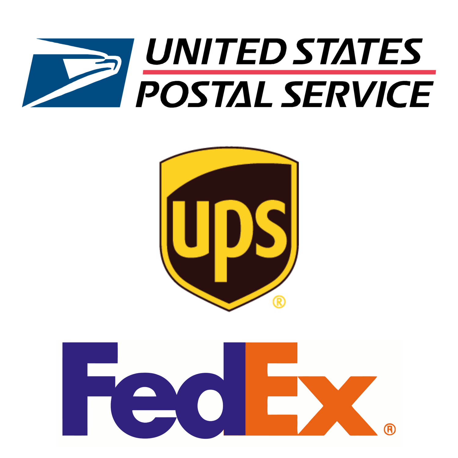 the logos of Fed Ex, UPS, and the United States Postal Service.