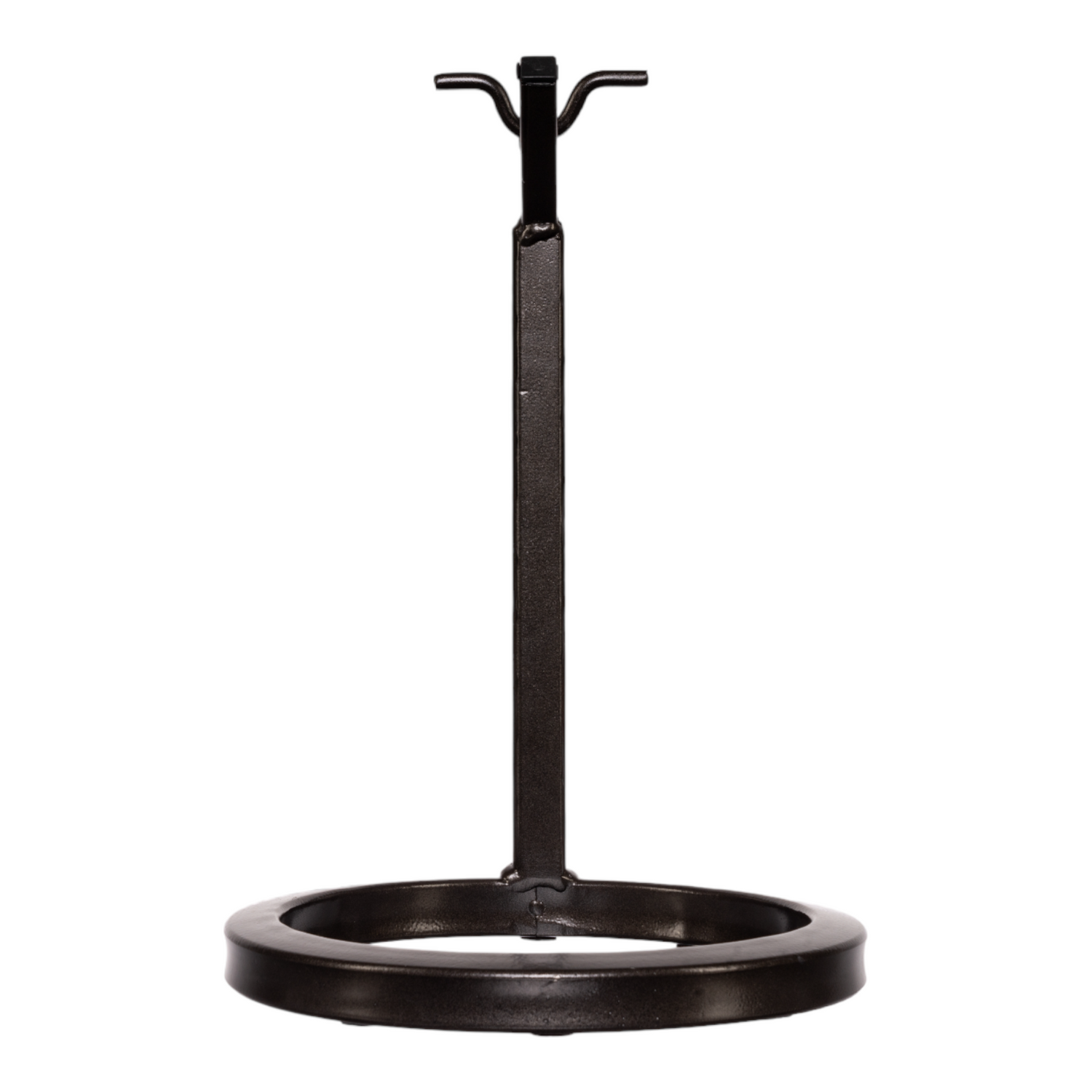 ALT: A black metal table bracket with a tubular ring on top for mounting a skull.