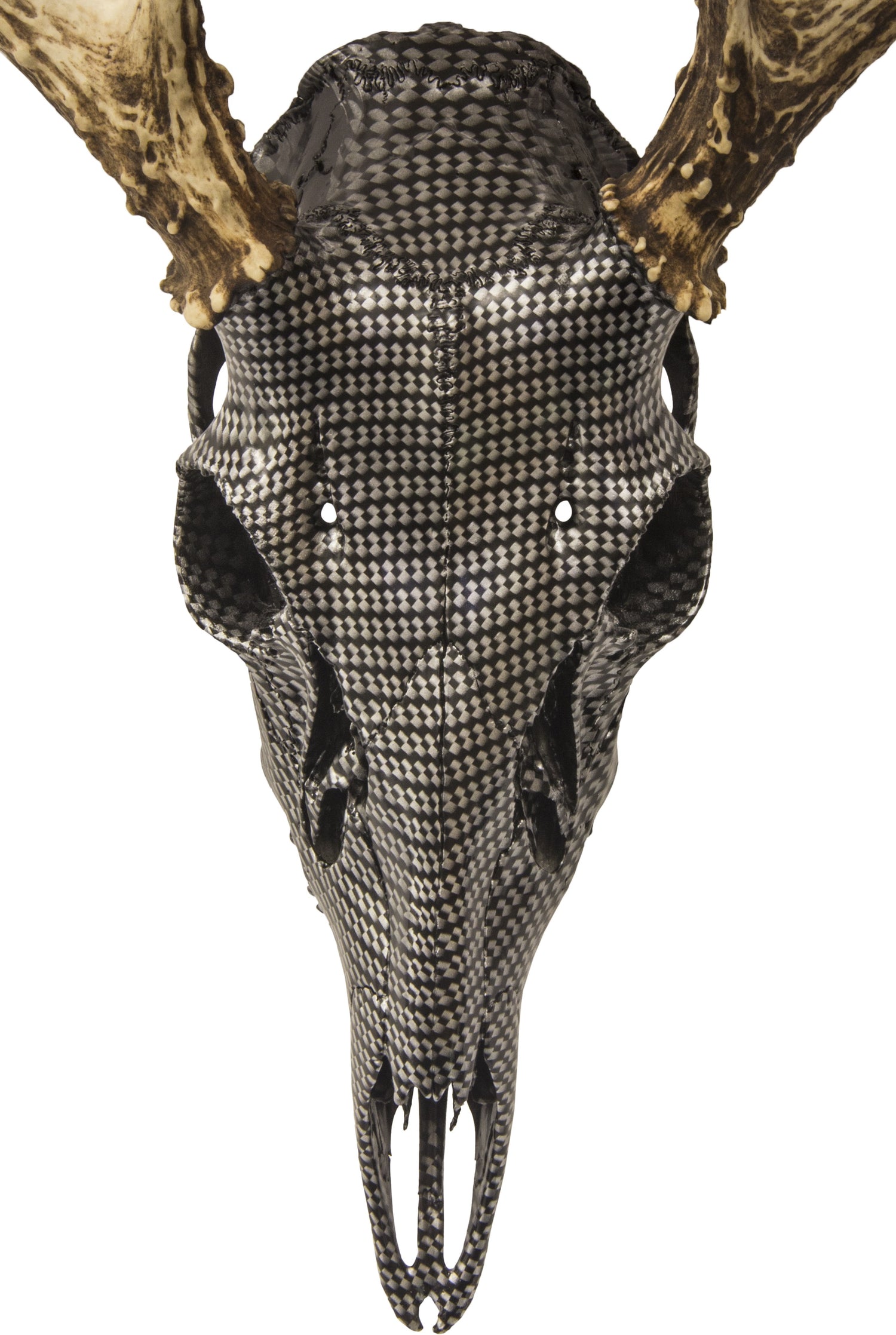 A skull that has been hydrodipped to have a carbon fiber pattern.