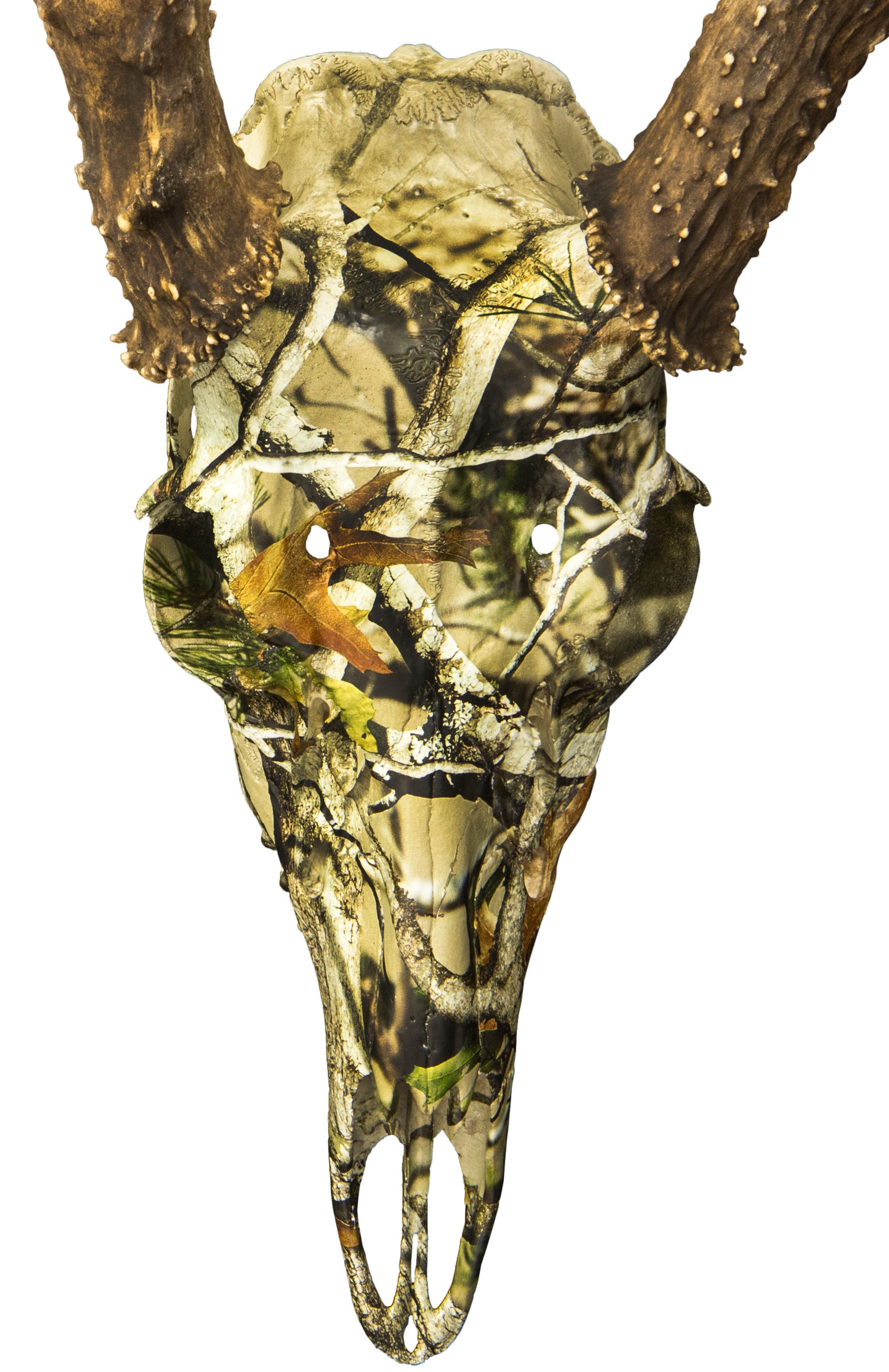 A skull that has been hydrodipped to have a camo pattern.